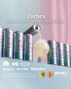 Brez cans with Forbes magazine headline and awards on a light pink and gray background