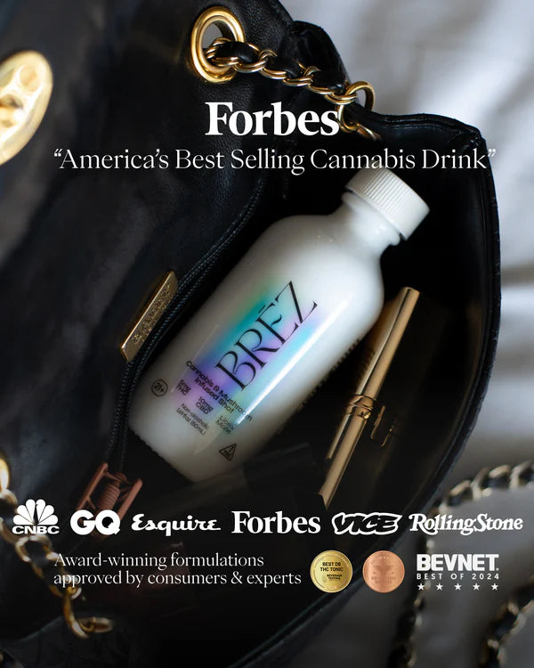 Brez cannabis drink bottle in a black handbag with Forbes and other media outlets' logos.