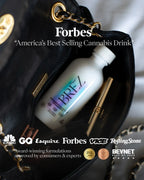 Brez cannabis drink bottle in a black handbag with Forbes and other media outlets' logos.