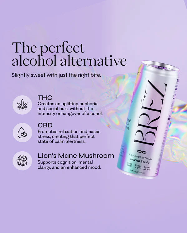 BREZ product can with purple background and text about alcohol alternative ingredients.