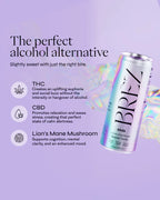 BREZ product can with purple background and text about alcohol alternative ingredients.