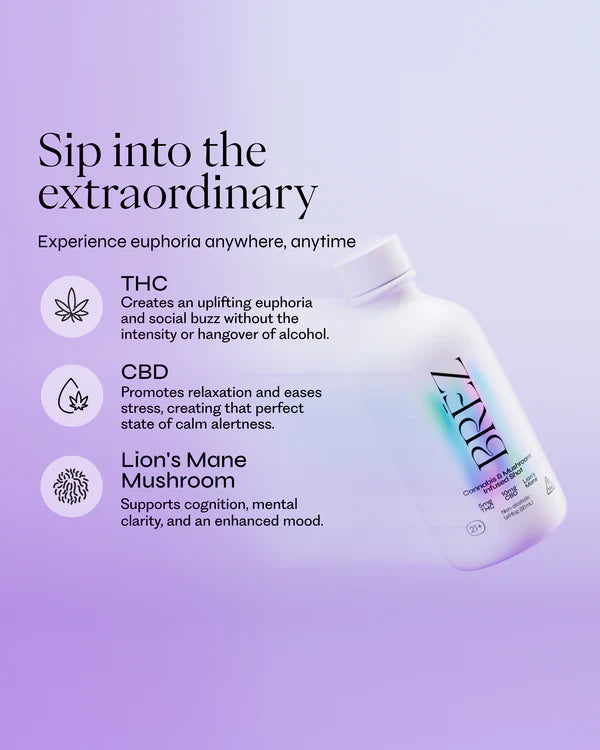 Bottle of a product with text about THC, CBD, and Lion's Mane Mushroom on a purple background