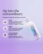 Bottle of a product with text about THC, CBD, and Lion's Mane Mushroom on a purple background