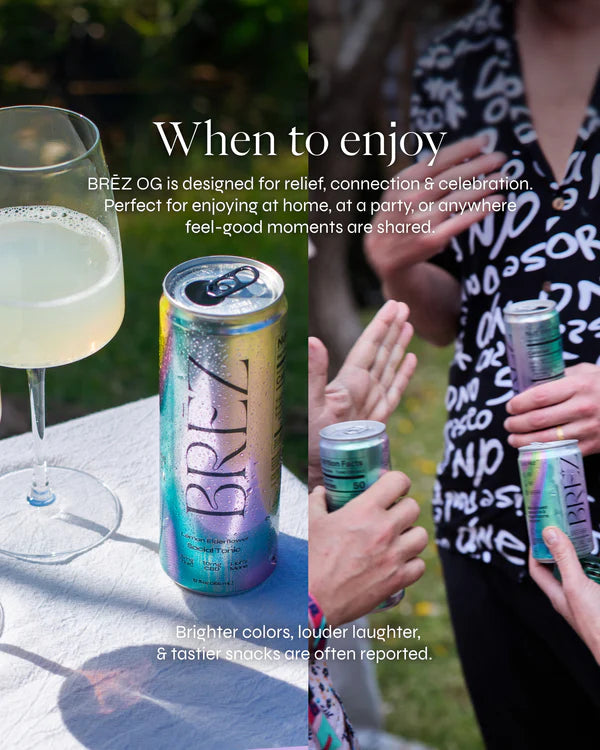 BREZ can with text about product use and benefits, outdoor setting with people.