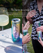 BREZ can with text about product use and benefits, outdoor setting with people.
