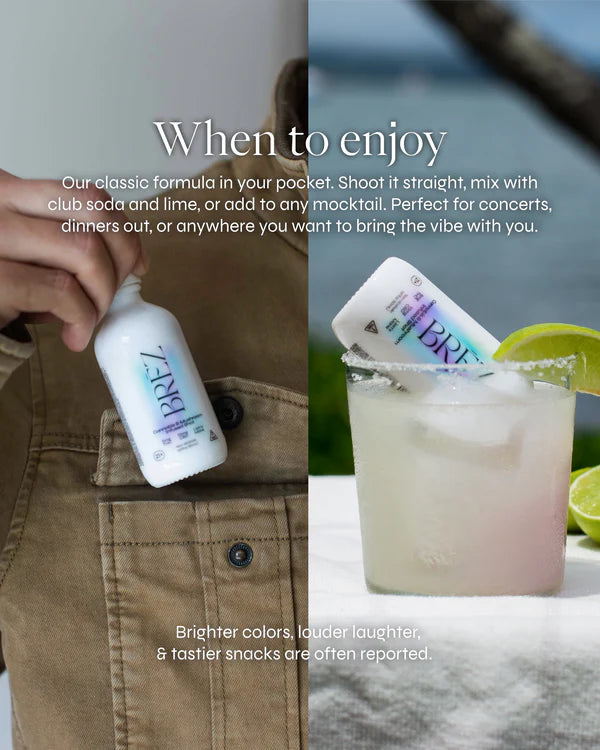 BKL drink mix bottle with text about when to enjoy it, a person holding the bottle, and a cocktail with lime.