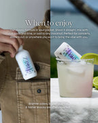BKL drink mix bottle with text about when to enjoy it, a person holding the bottle, and a cocktail with lime.