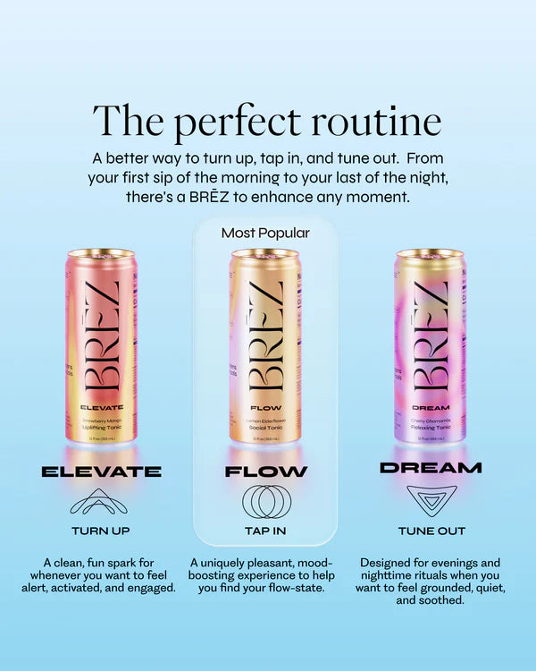 Three cans of BREZ drinks with product descriptions on a light blue background