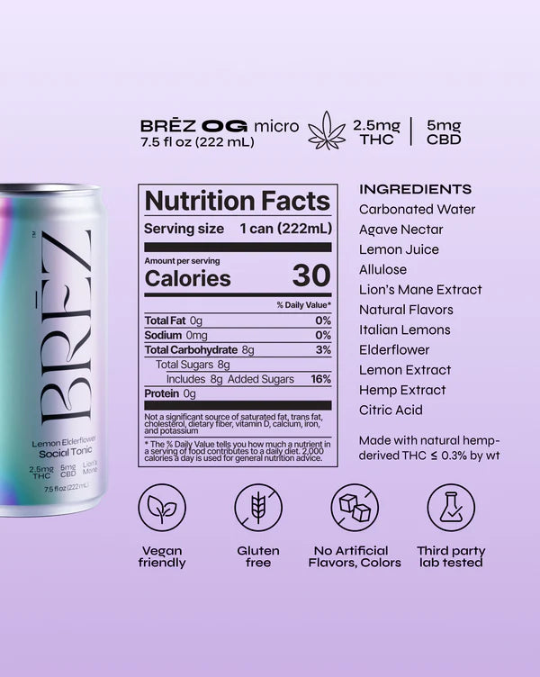Brez can with nutrition facts label on a purple background