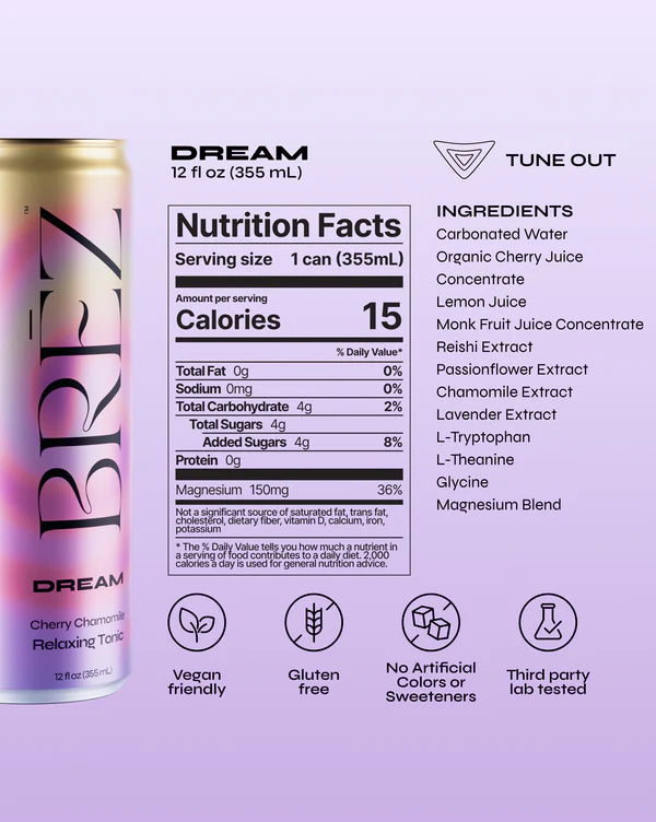 BREEZ DREAM cherry loam tonic nutrition facts and ingredients on a light purple background