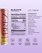 Brez Elevate tonic water can with nutrition facts and ingredients listed on a light purple background