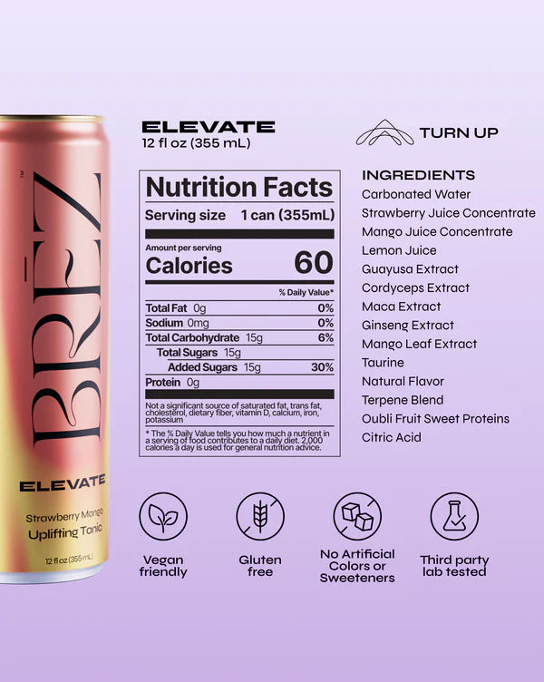 Brez Elevate tonic water can with nutrition facts and ingredients listed on a light purple background