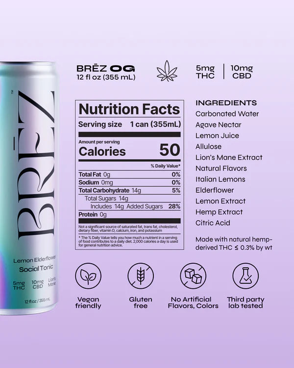 Bréz OG energy drink can with nutrition facts label on a light purple background