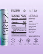 Bréz OG energy drink can with nutrition facts label on a light purple background