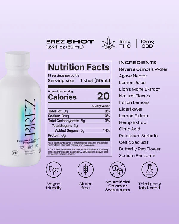 Brez shot packaging with nutrition facts and ingredients on a light purple background