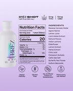 Brez shot packaging with nutrition facts and ingredients on a light purple background