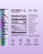 Bréz OG X energy drink can with nutrition facts label on a light purple background