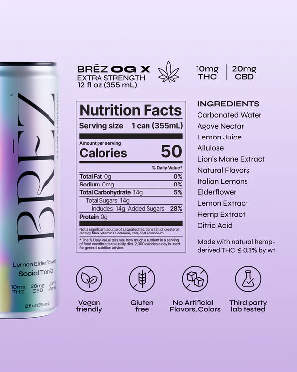 Bréz OG X energy drink can with nutrition facts label on a light purple background