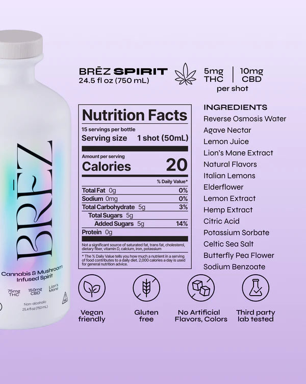 Brez Spirit bottle with nutrition facts and ingredients on a purple background