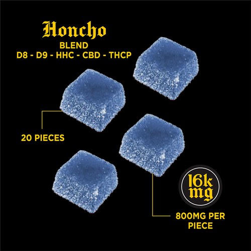 Blue gummies with product details on a black background