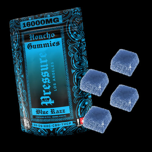 Packaging of Honcho Gummies with blue gummies on a black background