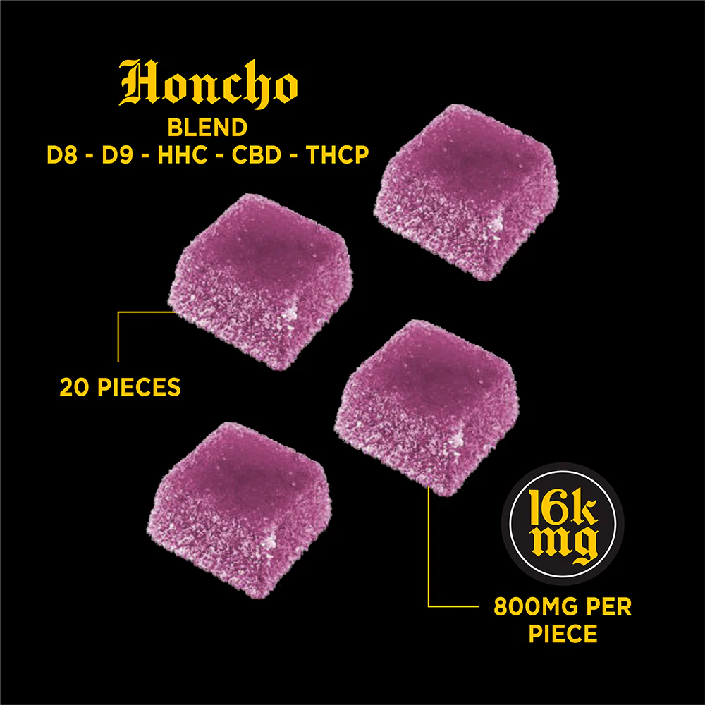 Purple gummies with product details on a black background