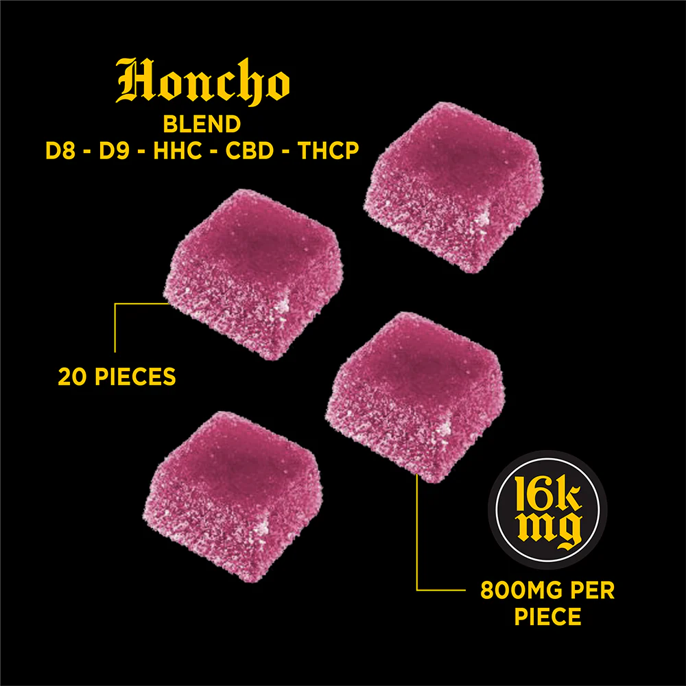 Pink gummies with product details on a black background