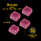 Pink gummies with product details on a black background