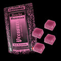 Pink lemonade gummies with packaging labeled '16000MG Roncho Gummies Pressure Los Angeles' on a black background.