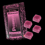 Pink lemonade gummies with packaging labeled '16000MG Roncho Gummies Pressure Los Angeles' on a black background.