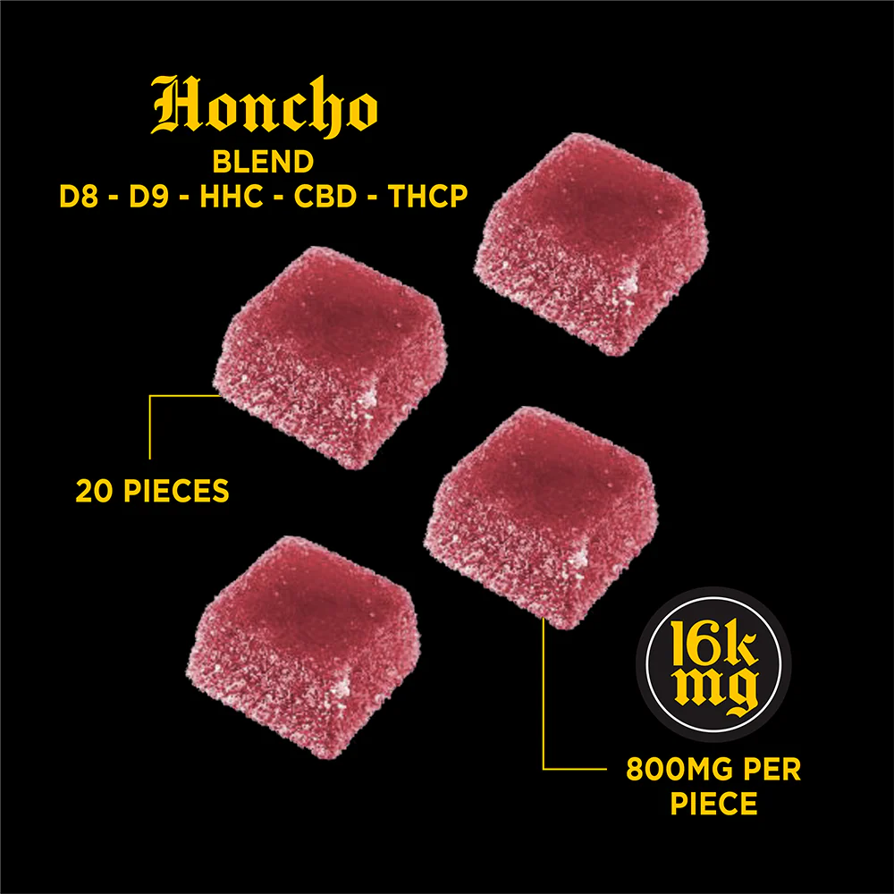 Red gummies with product details on a black background