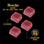 Red gummies with product details on a black background