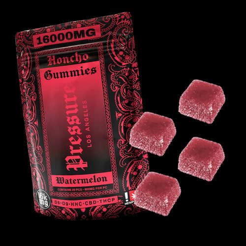Red and black packaging of Roncho Gummies with watermelon flavor on a black background