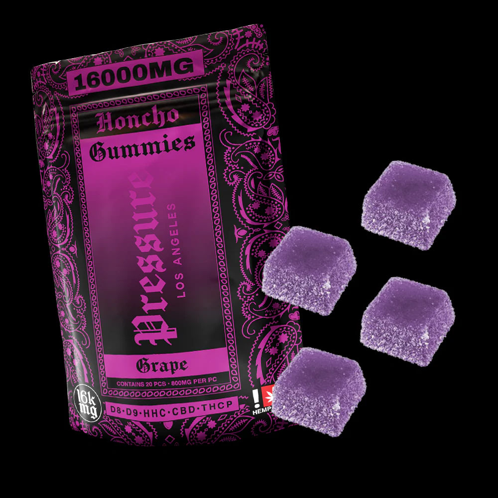 Purple packaging of honcho Gummies with three gummies on a black background