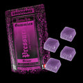 Purple packaging of honcho Gummies with three gummies on a black background